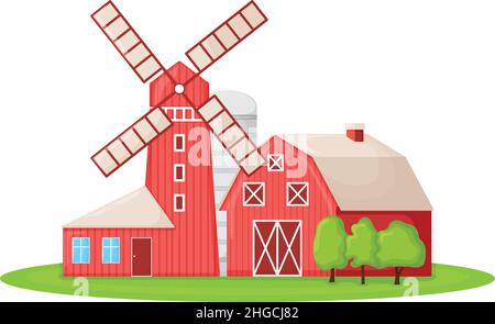 Maison de campagne avec moulin rouge, grange de ferme et granary bâtiment sur terrain de ferme vert dessin animé illustration vectorielle, isolé sur blanc.Grand ranc moderne Illustration de Vecteur