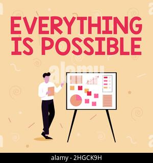 Texte montrant l'inspiration tout est possible. Concept d'affaires étant optimiste que tout votre rêve viendra de vrai homme d'affaires dessin debout Banque D'Images