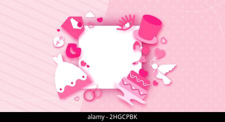 Jour de mariage.Calendrier du mariage.Église, je le fais, toast.Danse.Bonne Saint Valentin.Joyeuses fêtes et lune de miel en papier coupé.Espace pour le texte.Broche Illustration de Vecteur