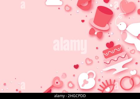 Jour de mariage.Calendrier du mariage.Église, je le fais, toast.Danse.Bonne Saint Valentin.Joyeuses fêtes et lune de miel en papier coupé.Espace pour le texte.Broche Illustration de Vecteur