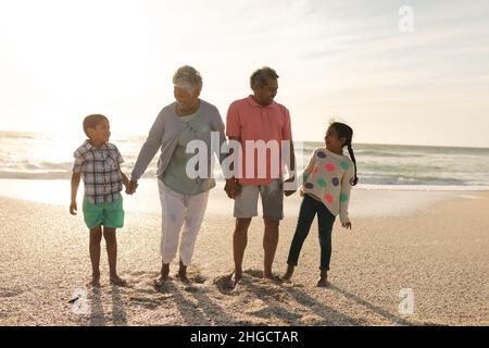 Pleine longueur d'homme et de femme biracial souriant tenant la main avec des petits-enfants à la plage Banque D'Images