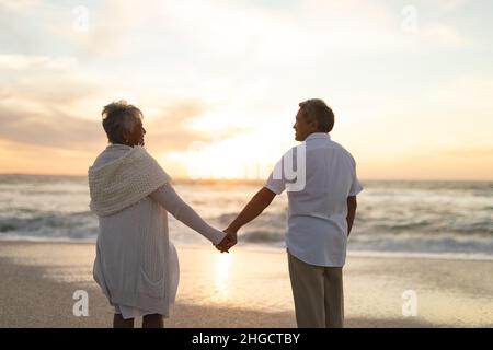 Vue arrière d'un couple multiracial senior tenant les mains en regardant l'un l'autre tout en se tenant debout sur le rivage Banque D'Images