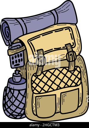Sac à dos de randonnée dessiné à la main dans un style Doodle.Bouteille et talkie-walkie.Icône avec sac à dos à dos. Illustration de Vecteur