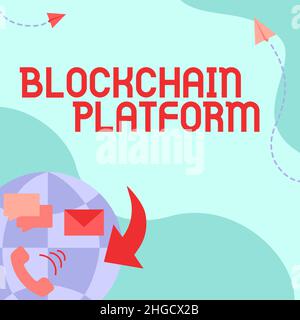 Plate-forme de blockchain d'affichage conceptuel. Mot pour chose avec un langage de script qui résout de nombreux cas Internet Network Drawing avec coloré Banque D'Images