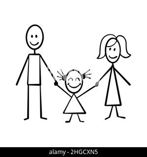 Concept de famille heureux.Les parents et leur fille ont des figures de bâton isolées sur fond blanc.Illustration vectorielle. Illustration de Vecteur