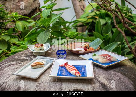 Set de sushi et sashimi avec saké servi sur pierre grise avec jardin en arrière-plan. Banque D'Images