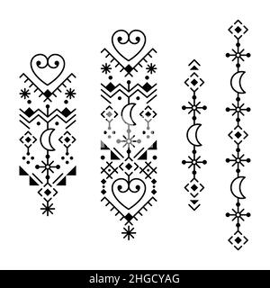 Collection minimaliste de motifs verticaux longs vectoriels de style tribal ou neotribal avec des lunes et des coeurs, ensemble géométrique de motifs ornementaux Illustration de Vecteur