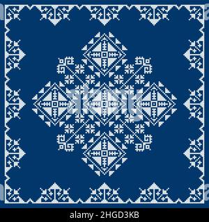 Bosnie-Herzégovine traditionnel Zmijanje broderie folk art vector motif, conception géométrique avec cadre blanc sur bleu marine Illustration de Vecteur