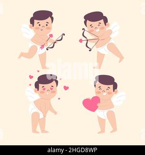 Plat Saint Valentin cupid caractères jeu illustration vectorielle. Illustration de Vecteur