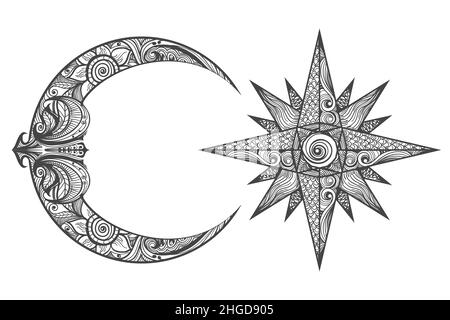 Zentangle Crescent Moon et Star dessinés à la main isolés sur fond blanc.Illustration vectorielle. Illustration de Vecteur