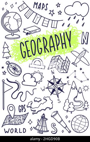 Icônes de symboles géographiques définies.Conception d'un sujet scolaire.Croquis de l'éducation en forme de doodle.Étude, concept de la science.Retour à l'école pour Illustration de Vecteur