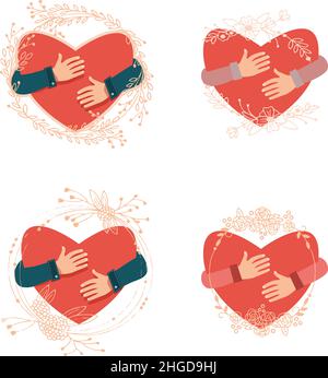 Ensemble de cartes de vœux de Saint-Valentin avec coeur dans les mains et vignette de fleur Illustration de Vecteur