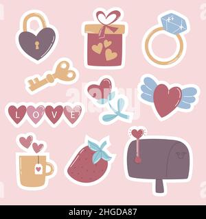 Mise en place des autocollants de Saint-Valentin dessinés à la main illustration vectorielle. Illustration de Vecteur
