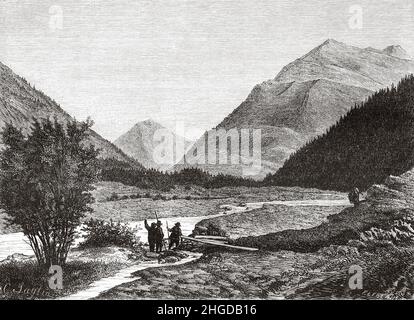 Vue sur le Mittaghorn depuis la vallée de Saas-Fee, en Suisse.Vieux 19th siècle illustration gravée d'observations sur les glaciers du massif de Viège et de Monte Rosa en 1866 par Charles Grad, le Tour du monde 1870 Banque D'Images