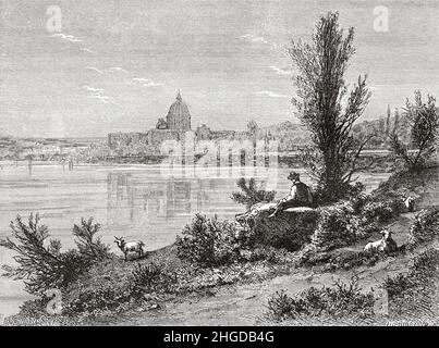 Vue panoramique sur l'ancienne ville de Rome depuis les rives du Tibre, Rome.Italie, Europe.Ancienne illustration gravée du 19th siècle de Voyage à Rome par Francis Wey, le Tour du monde 1870 Banque D'Images