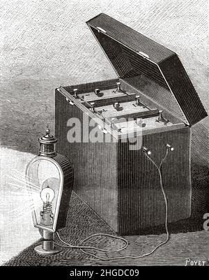 Lanterne de voiture électrique avec compartiment à piles, qui peut être placée sous le siège du conducteur.Ancienne illustration gravée du 19th siècle de la nature 1884 Banque D'Images