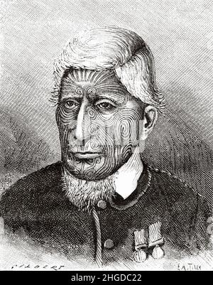 Portrait du chef maori de Nouvelle-Zélande, Mete Kingi, originaire de la race maorie néo-zélandaise, famille malayo-polynésienne.Ancienne illustration gravée du 19th siècle de la nature 1884 Banque D'Images