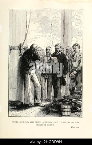 Andre Vasling, le compagnon, apprised Jean Cornbutte de l'événement terrible Illustration par Adrien Marie de ' A Winter Amove the Ice ' (Français: Un hivernage dans les glaces) est une courte histoire d'aventure de Jules Verne en 1855.L'histoire a été imprimée pour la première fois en avril–mai 1855 dans le magazine Musée des familles.Il a ensuite été réimprimé par Pierre-Jules Hetzel dans la collection Doctor Ox (1874), dans le cadre de la série Voyages Extraordinaires.Trois traductions en anglais (« Un hiver au milieu de la glace » par George MakePeace Towle, « Un hiver au milieu des champs de glace » par Abby L. Alger, et « Un séjour d'hiver dans la glace » par St Banque D'Images