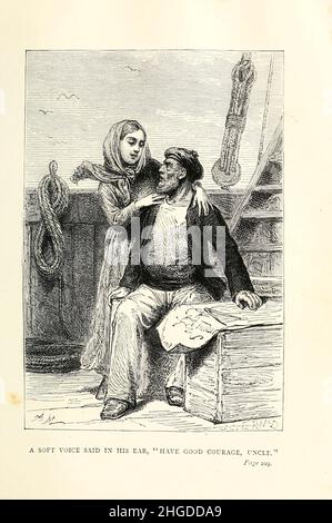 Une voix douce dit à son oreille, ' ont le bon courage, l'oncle ' Illustration d'Adrien Marie de ' A Winter Amove the Ice ' (Français: Un hivernage dans les glaces) est une courte histoire d'aventure de Jules Verne en 1855.L'histoire a été imprimée pour la première fois en avril–mai 1855 dans le magazine Musée des familles.Il a ensuite été réimprimé par Pierre-Jules Hetzel dans la collection Doctor Ox (1874), dans le cadre de la série Voyages Extraordinaires.Trois traductions en anglais (« Un hiver au milieu de la glace » par George MakePeace Towle, « Un hiver au milieu des champs de glace » par Abby L. Alger, et « Un séjour d'hiver dans la glace » par Stephen William Banque D'Images