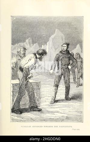 Penellan avancé vers les Norvégiens Illustration d'Adrien Marie de ' A Winter Amove the Ice ' (Français : un hivernage dans les glaces) est une courte histoire d'aventure de Jules Verne en 1855.L'histoire a été imprimée pour la première fois en avril–mai 1855 dans le magazine Musée des familles.Il a ensuite été réimprimé par Pierre-Jules Hetzel dans la collection Doctor Ox (1874), dans le cadre de la série Voyages Extraordinaires.Trois traductions en anglais ('Un hiver au milieu de la glace' par George MakePeace Towle, 'Un hiver au milieu des champs de glace' par Abby L. Alger, et 'Un séjour d'hiver dans la glace' par Stephen William White) ont été publiées Banque D'Images