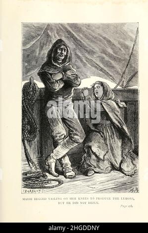 Marie a supplié Vashng à genoux pour produire les citrons, mais il n'a pas répondu Illustration d'Adrien Marie de ' A Winter Amond the Ice ' (Français: Un hivernage dans les glaces) est une courte histoire d'aventure de Jules Verne en 1855.L'histoire a été imprimée pour la première fois en avril–mai 1855 dans le magazine Musée des familles.Il a ensuite été réimprimé par Pierre-Jules Hetzel dans la collection Doctor Ox (1874), dans le cadre de la série Voyages Extraordinaires.Trois traductions en anglais (« Un hiver au milieu de la glace » par George MakePeace Towle, « Un hiver au milieu des champs de glace » par Abby L. Alger, et « Un séjour d'hiver dans la glace » Banque D'Images