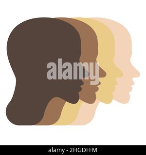 Quatre têtes abstraites avec différentes couleurs de peau sur fond blanc.Illustration vectorielle de style plat.Les hommes n'ont pas de visage. Illustration de Vecteur