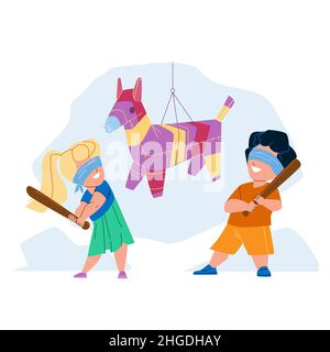 Pinata frappant petit garçon et fille sur le vecteur de partie Illustration de Vecteur