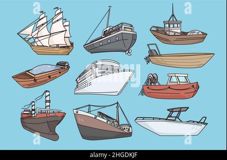 Ensemble de différents navires et bateaux sur l'arrière-plan.Bateaux de collection ou nautiques, yachts et hors-bord.Concept d'activité marine.Fret et logistique.Voyage en mer.Illustration vectorielle plate. Illustration de Vecteur