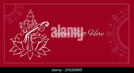 Saraswati, déesse hindoue de la connaissance, assis sur la fleur de lotus et jouant veena, silhouette esquisse symbole et mehendi mandalas.Invitation, bannière, Illustration de Vecteur