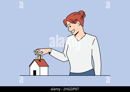 Économiser de l'argent pour acheter un concept d'appartement.Jeune femme souriante debout et mettant la pièce d'or à la petite maison de dents appartement illustration de vecteur immobilier Illustration de Vecteur