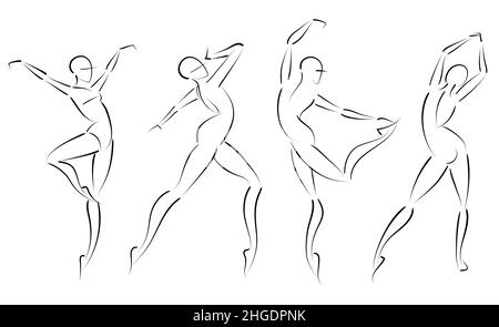 Dessin gestuel ballerine figure dans les poses de danse de ballet sur fond blanc.logo Vector pour les spectacles de théâtre, cours de danse, magasins d'équipement de ballet Illustration de Vecteur