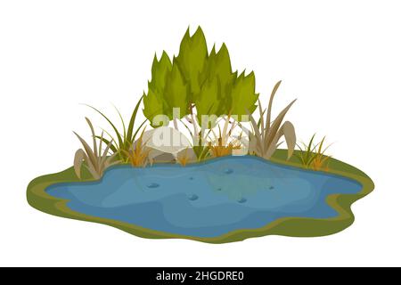 Lac, marécage avec pierres, feuilles de nénuphars en style caricature isolées sur fond blanc.Scène de fantaisie de forêt, nature sauvage.Illustration vectorielle Illustration de Vecteur