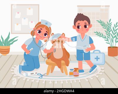 Dessin animé maternelle enfants en uniforme de médecin jouer hôpital pour les jouets.Les enfants traitent l'ours en peluche avec un stéthoscope jouet et une scène de vecteur de bandage Illustration de Vecteur