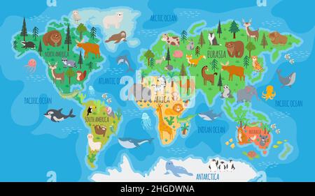Toile De Fond Photo 7x5 Pieds (2.1x1.5m) - Carte Du Monde Enfant Avec Animaux - Arrière-plan Éducatif Pour Portrait, Fête, Studio