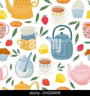 Motif décoratif sans couture avec théières, tasses et bonbons.Boisson du matin, imprimé anglais pour le petit-déjeuner.Design vectoriel de papier peint de cuisine Illustration de Vecteur