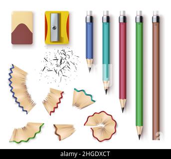Crayons, taille-crayons, gomme et copeaux en bois graphite réalistes.Taille de crayon affinée, outils d'écriture et de dessin.Jeu de vecteurs papeterie Illustration de Vecteur