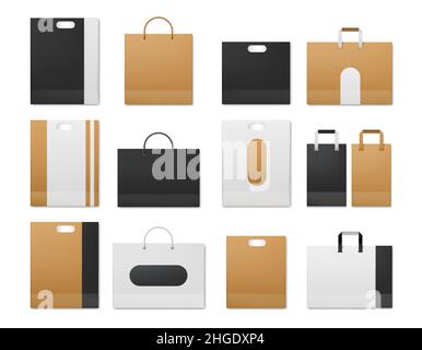 Maquettes de papier d'artisanat réaliste, sacs blancs et noirs.Ranger le paquet avec les poignées de cordon.Kit de vecteur de sac en carton pour supermarché Illustration de Vecteur