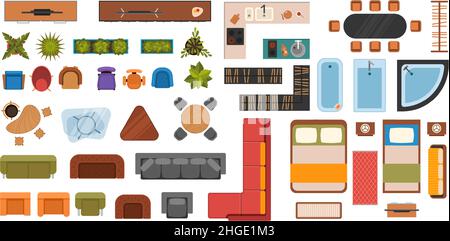 Chambre, salon et meubles de cuisine pour plan vue sur le dessus.Salle de bains aménagement intérieur.Lit, canapé, bureau et chaises de la série Vector Illustration de Vecteur