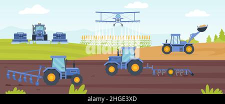 Bannière de machines agricoles avec paysage de champ agricole et tracteur.Moissonneuses-batteuses cultivant le sol pour la récolte.Concept vectoriel de l'industrie agricole Illustration de Vecteur