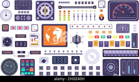 Éléments du panneau de commande, commutateurs du vaisseau spatial, boutons, cadrans et écrans.Moniteur de console de tableau de bord rétro pour engin spatial plat et jeu de boutons vectoriels Illustration de Vecteur