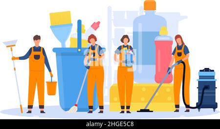 Équipe de nettoyage professionnelle avec équipement et outils.Les femmes et les hommes de nettoyage à plat dans les uniformes avec les aspirateurs et les balais vecteur concept Illustration de Vecteur