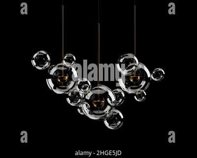 Chandelier moderne fait de plusieurs sphères de verre de différentes tailles isolées sur noir.3d illustration Banque D'Images