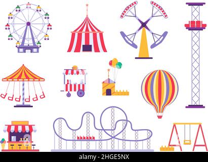 Parc d'attractions plat montagnes russes, tente de cirque et montgolfière.Festival Carnival Ferris Wheel, kiosque alimentaire et attractions Vector Set Illustration de Vecteur