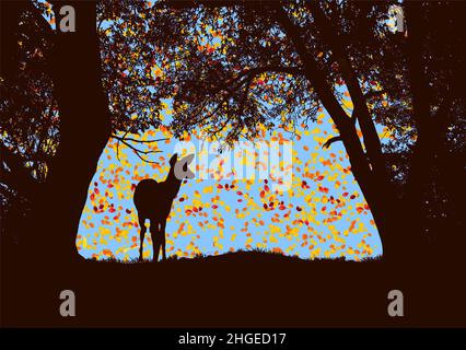 Un cerf de Virginie est vu parmi les arbres tandis que les feuilles d'automne tombent tout autour dans une illustration de 3 jours. Banque D'Images