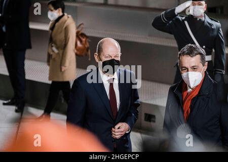 Berlin, Allemagne.20th janvier 2022.OLAF SCHOLZ, chancelier allemand avec IGNAZIO CASSIS, président de la Suisse à Berlin.IGNAZIO CASSIS a été élu Président de la Confédération suisse pour 2022.(Credit image: © Ralph Pache/PRESSCOV via ZUMA Press Wire) Banque D'Images