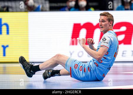 Budapest, Hongrie.20th janvier 2022.BUDAPEST, HONGRIE - JANVIER 20: Tom Jansen des pays-Bas pendant le match EHF Euro 2022 Groupe B entre la France et les pays-Bas au MVM Dome le 20 janvier 2022 à Budapest, Hongrie (photo de Henk Sepen/Orange Pictures) Credit: Orange pics BV/Alay Live News Banque D'Images