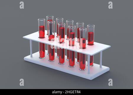 Tubes à essai avec liquide rouge dans le support.Expériences scientifiques.Développement de vaccins, médicaments.Tests médicaux.Biotechnologie moderne.Armes biologiques. Banque D'Images