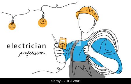 Électricien avec testeur et câble électrique, fil.Une illustration vectorielle de dessin d'art continu d'électricien Illustration de Vecteur