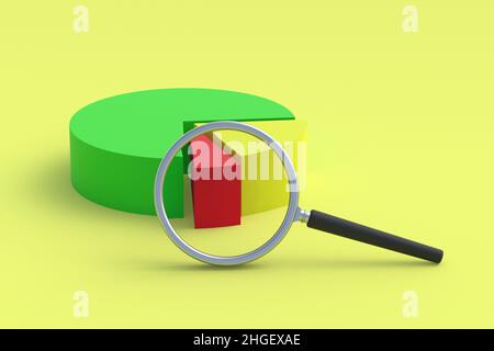 Graphique circulaire près de la loupe.Concept d'analyse de marché.Analyse d'entreprise.Rapport de croissance et de baisse des bénéfices.Comptabilité.Indicateurs statistiques.Rés. Budget Banque D'Images