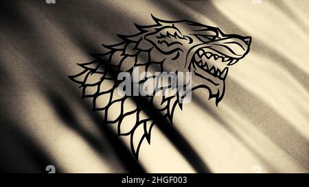 Silhouette de grin de loup noir sur drapeau abstrait de couleur beige flamboant, boucle sans couture.Tête de direwolf comme emblème de Stark House, jeu de thrones co Banque D'Images